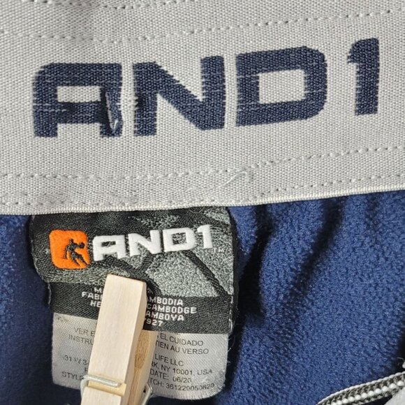 AND1 Mens Track Pants Blue Medium Cinch Fleece Pull On Drawstring Zip Pocket - Picture 9 of 11